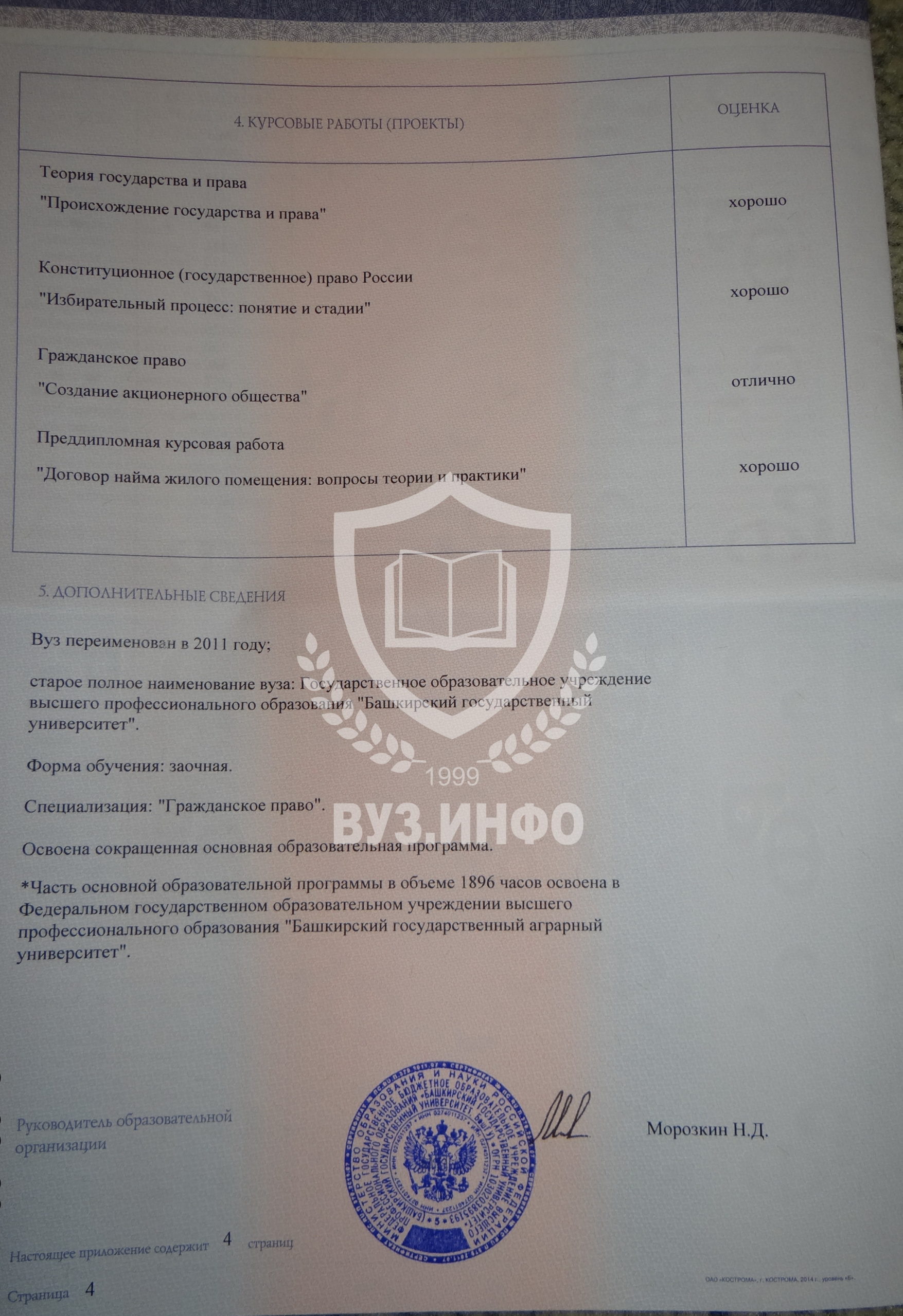 Приложение диплома БашГУ 2014 года Специальность Юриспруденция на бланке Кострома